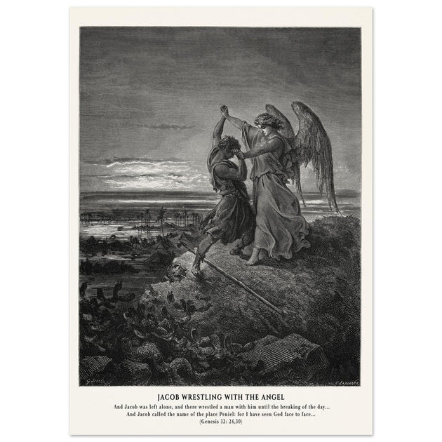 Gustave Dore The Bible engraving print . Jacob wrestling with the angel .