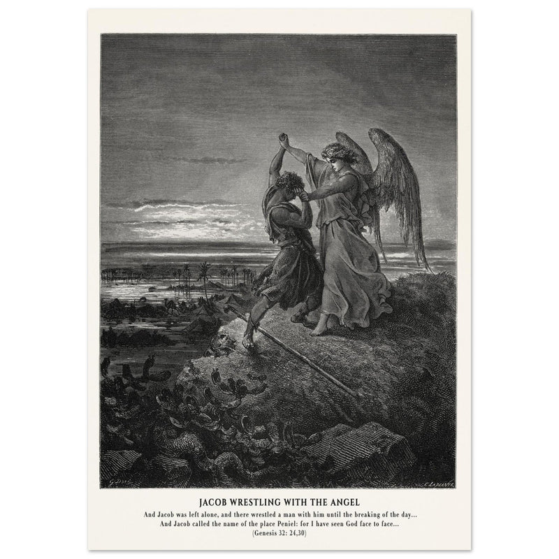 Gustave Dore The Bible engraving print . Jacob wrestling with the angel .