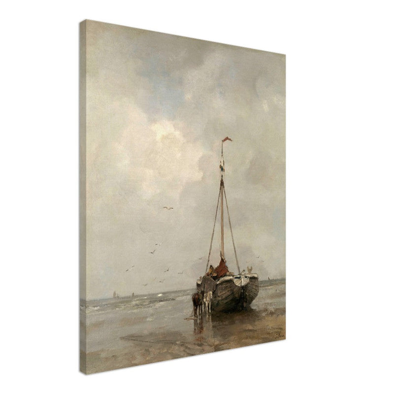 Jacob Maris old marine painting Bluff-bowed Fishing Boat on the Beach at Scheveningen.