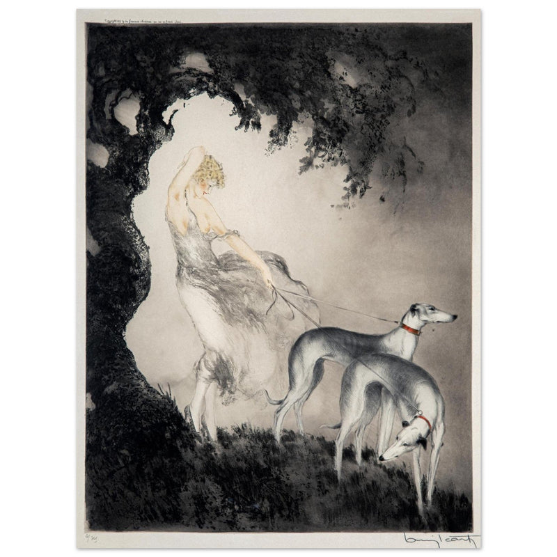 Louis Icart’s Gust of Wind (1925) Woman with her greyhound dogs.