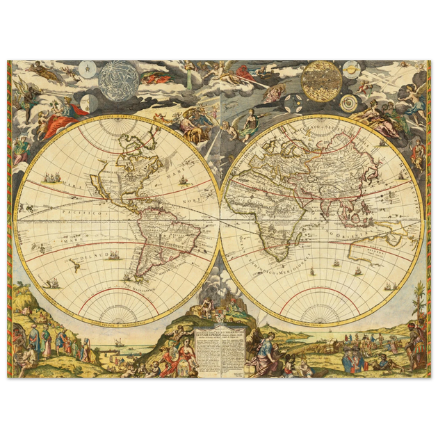 1700 Vintage historic world map poster reproduction by Paolo Petrini.