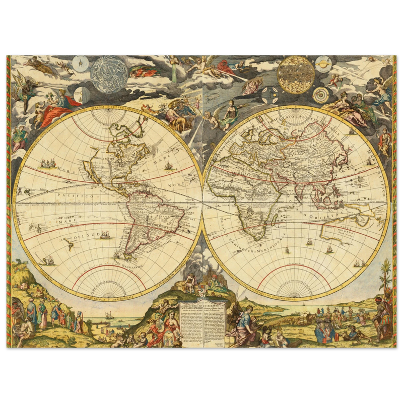 1700 Vintage historic world map poster reproduction by Paolo Petrini.