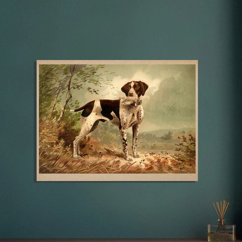 Hunting dog vintage painting poster with partridge in mouth