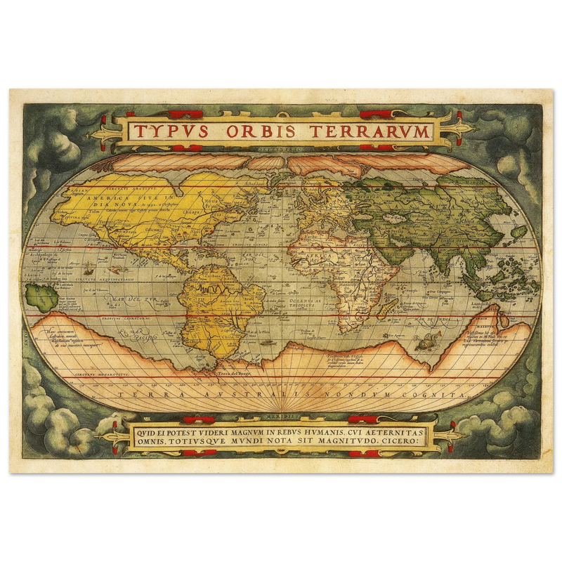 Ancient map reproduction print of a world map of 1579 Typus Orbis Terrarum by Abraham Ortelius.