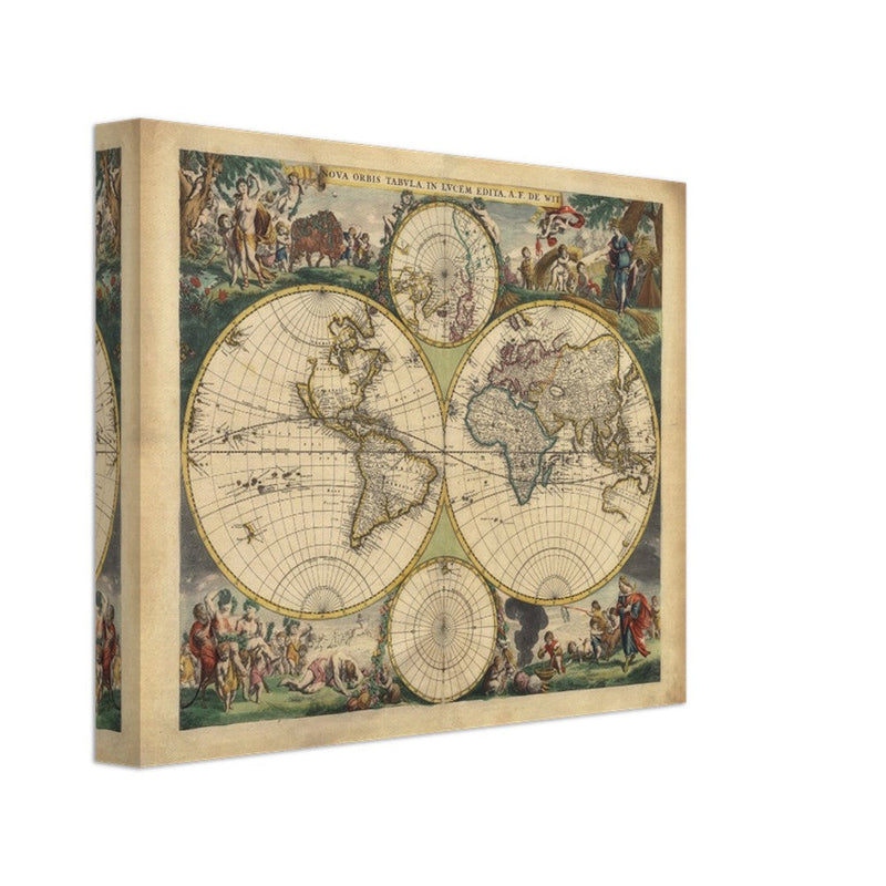 Frederik de Wit 1688 Ancient wold map. Double hemisphere antique old map reproduction. Nova orbis Tabula