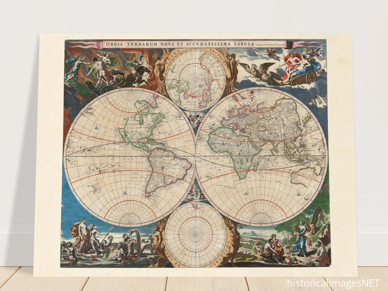 Old world map Orbis Terrarum Nova et Accuratissima Tabula poster by Nicolaes Visscher.