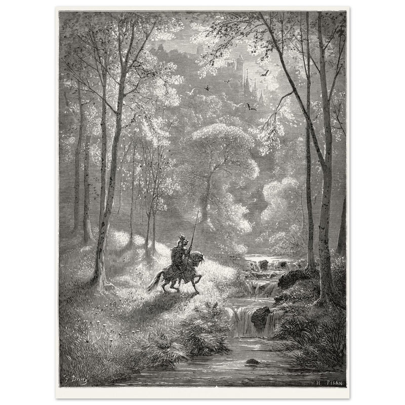 Gustave Dore depiction of knight Don Quixote riding in the countryside in one of his adventures.