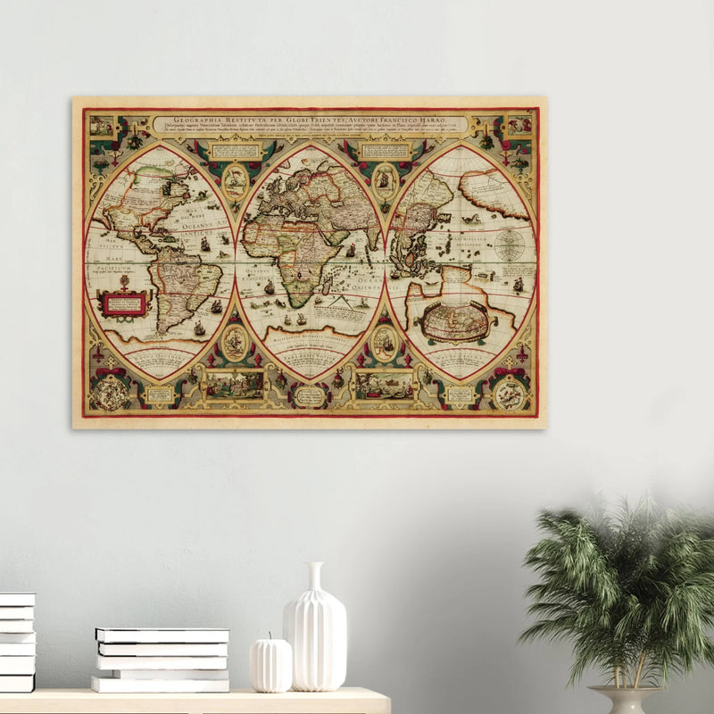Ancient old world map of 1618. Geographica restituta per globi trientes by Franciscus Haraeus