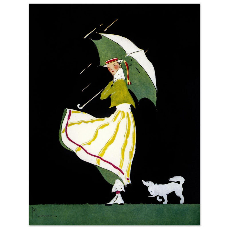 Ethel M Plummer illustration for vintage fashion magazine cover. Woman with umbrella and her dog.