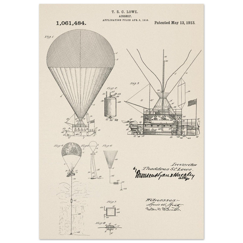 Airship patent illustration by T S C Lowe. Air Balloon