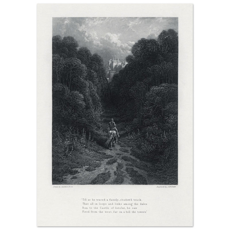 Gustave Dore illustration of King Arthur legend .Lancelot approaching the Castle of Astolat, Idylls of the King by Alfred Tennyson.