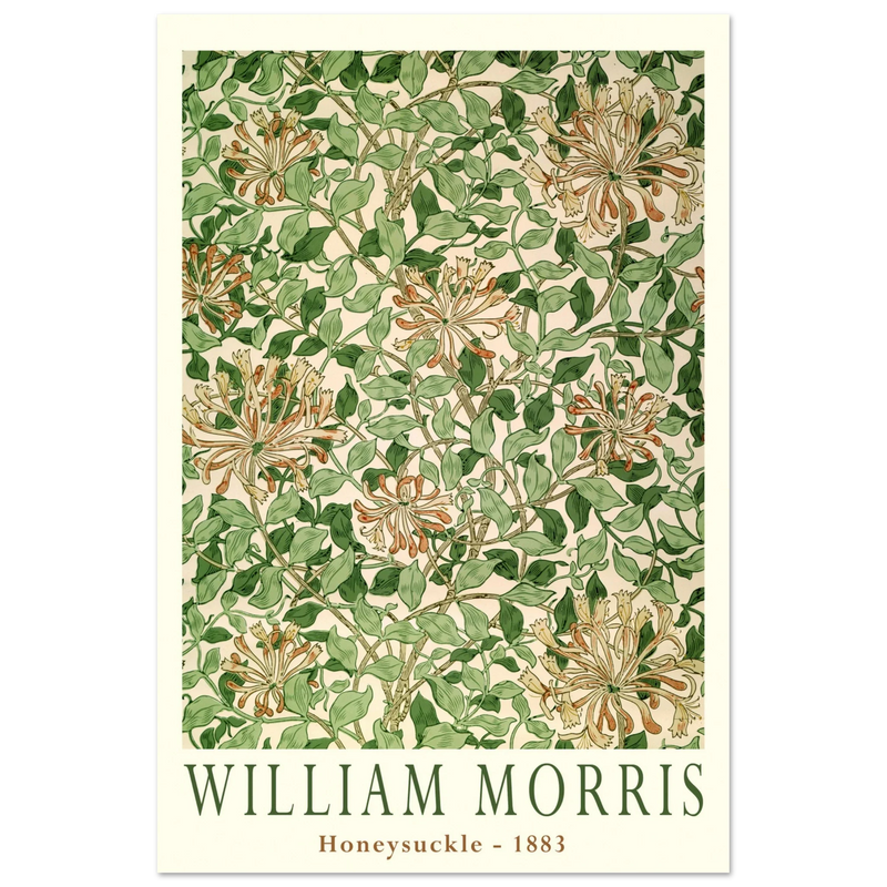 William Morris art print Honeysuckle wallpaper. Vintage flower and leaves poster.