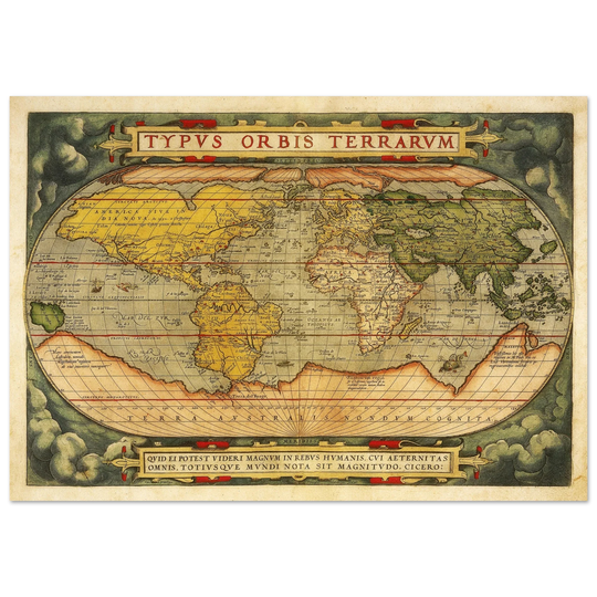 Ancient map reproduction print of a world map of 1579 Typus Orbis Terrarum by Abraham Ortelius.