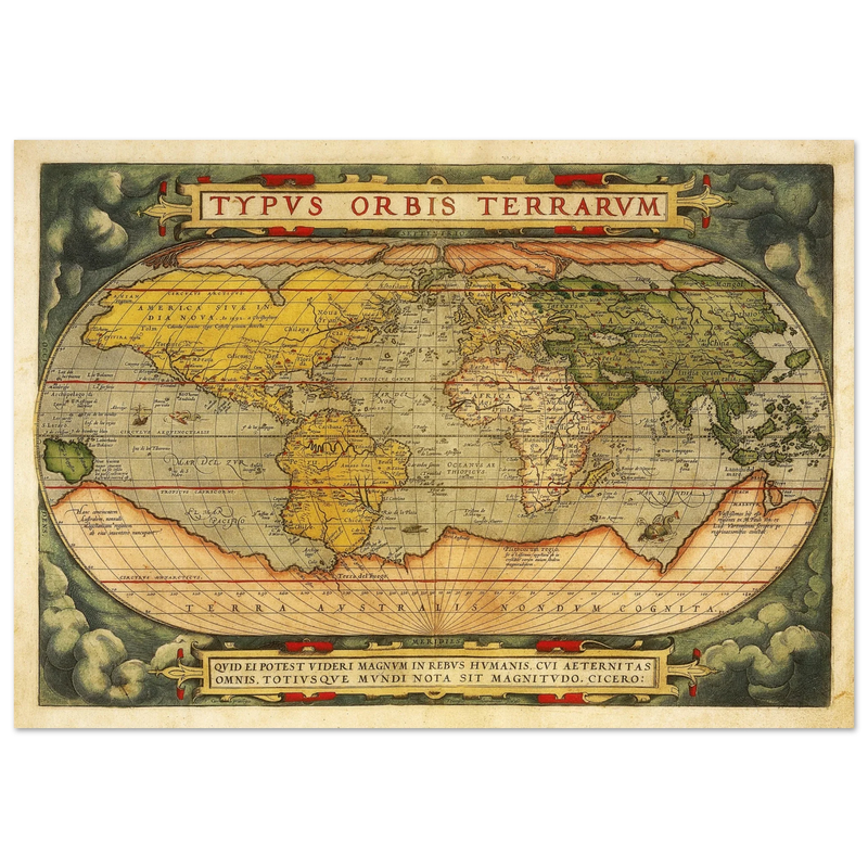Ancient map reproduction print of a world map of 1579 Typus Orbis Terrarum by Abraham Ortelius.