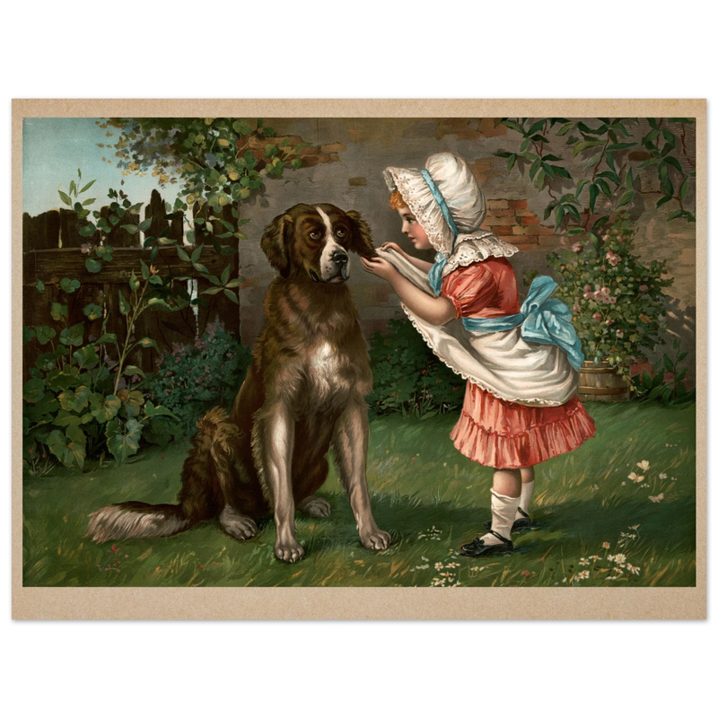 Girl in pink dress and white bonnet with dog vintage illustration poster by Knapp 1892