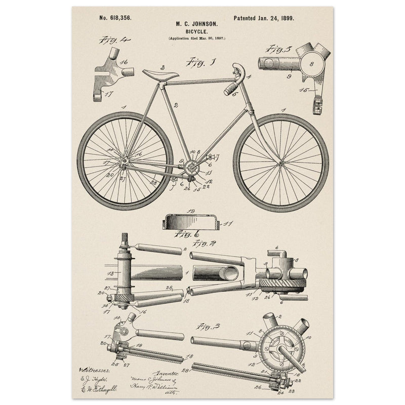 Vintage bicycle patent 1899 by M. C Johnson.