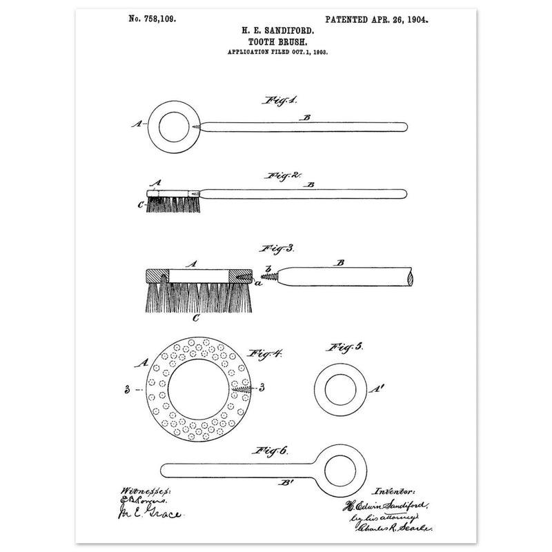 Toothbrush patent illustration by H E Sandiford.