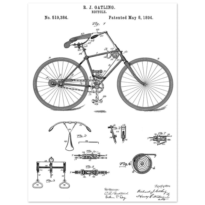 Vintage bicycle patent by Richard J Gatling 1894