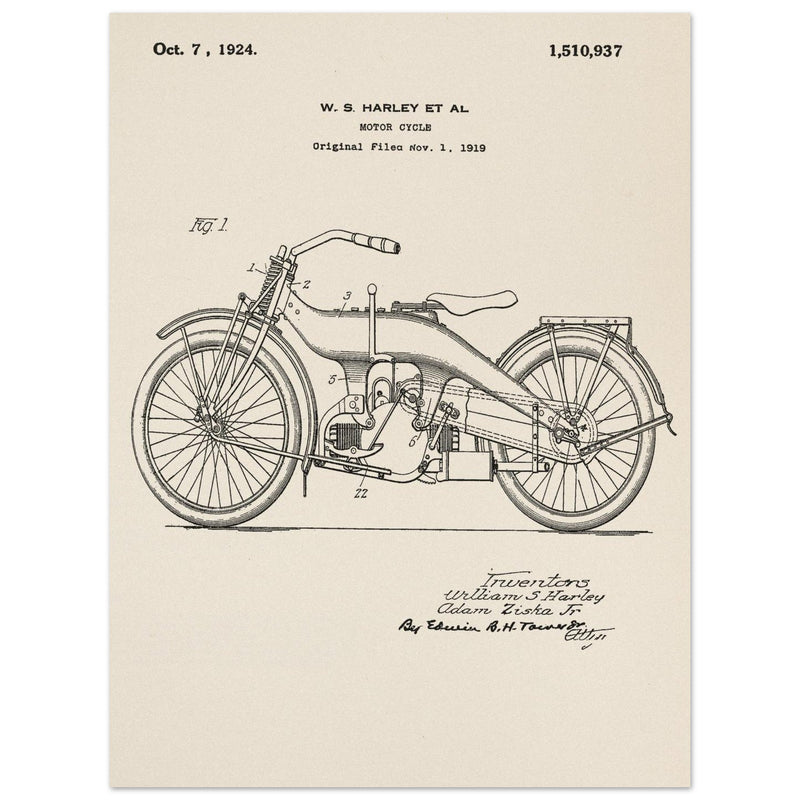 Vintage motorcycle patent by William S Harley founder of harley davidson.