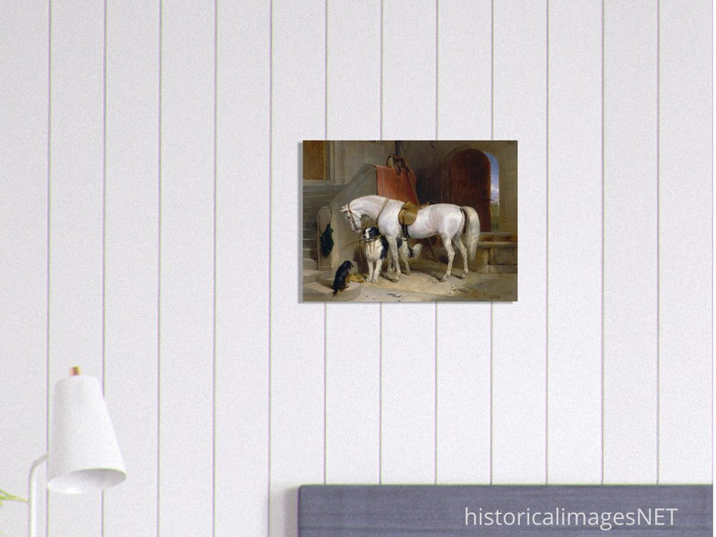 White horse in stable with dogs antique painting by Edwin Landseer.
