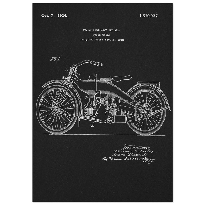 Vintage motorcycle patent by William S Harley founder of harley davidson.