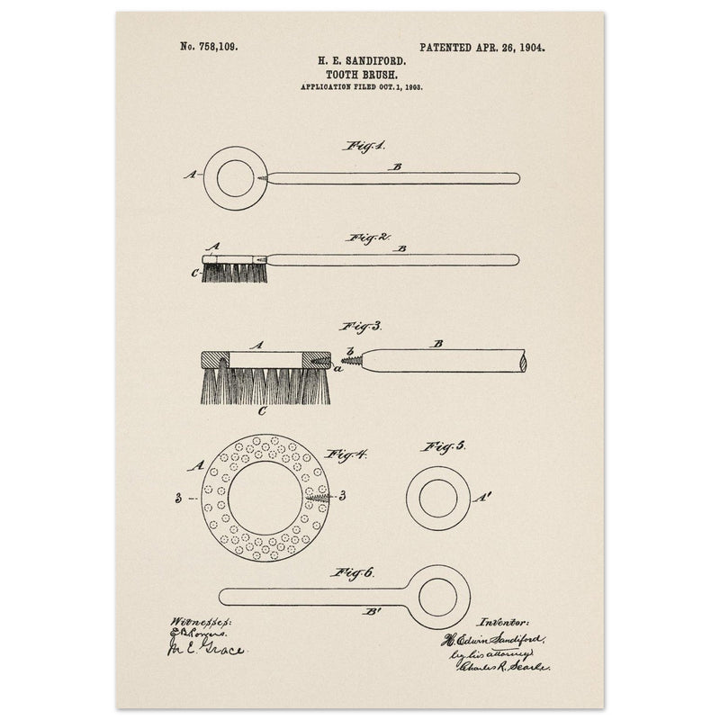 Toothbrush patent illustration by H E Sandiford.