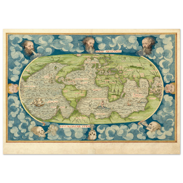 Ancient vintage old map of the world poster reproduction by Guillaume Le Testu 1555