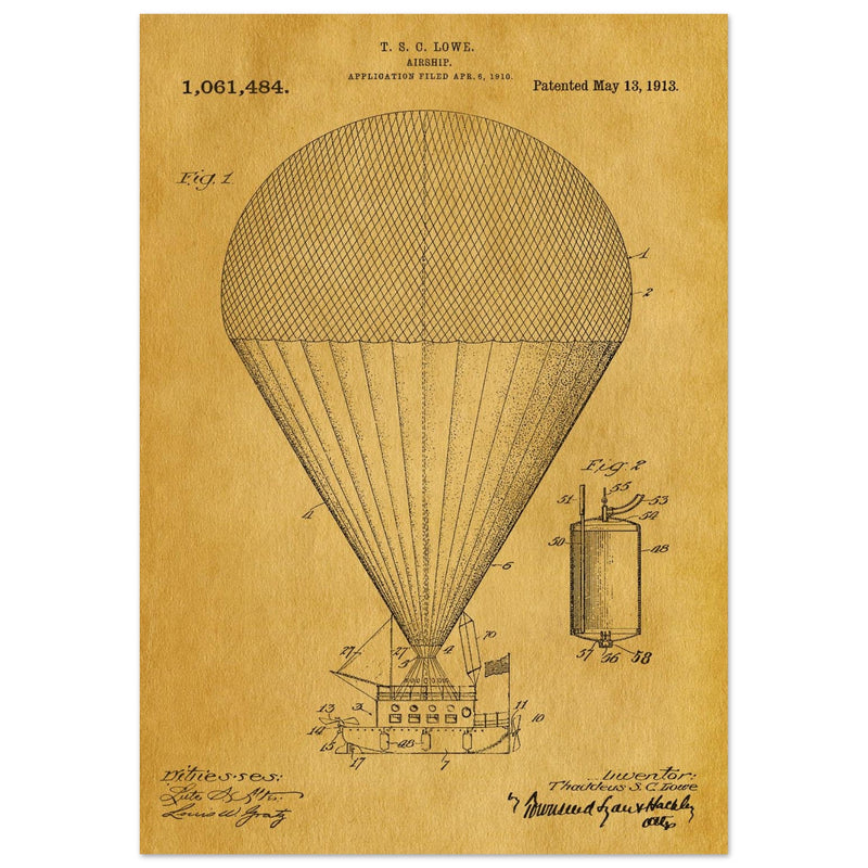 Airship patent drawing by T S C lowe Air balloon illustration