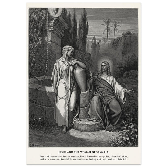 Gustave Dore The Bible engraving print . Jesus and the woman of Samaria illustration .