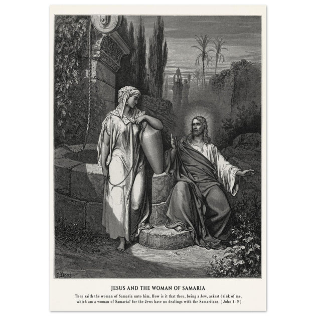 Gustave Dore The Bible engraving print . Jesus and the woman of Samaria illustration .