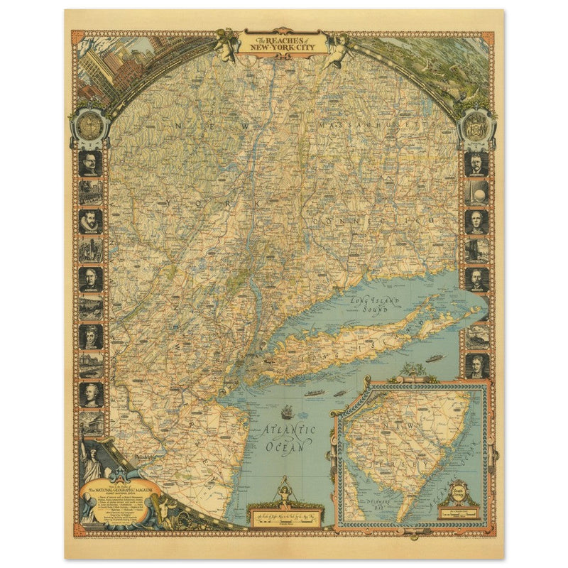 1939 New York City vintage map . High detail map of the Northeast of the United States.