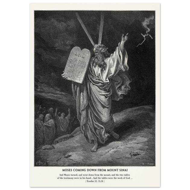 Gustave Dore The Bible engraving print . Moses coming down from Mount Sinai .