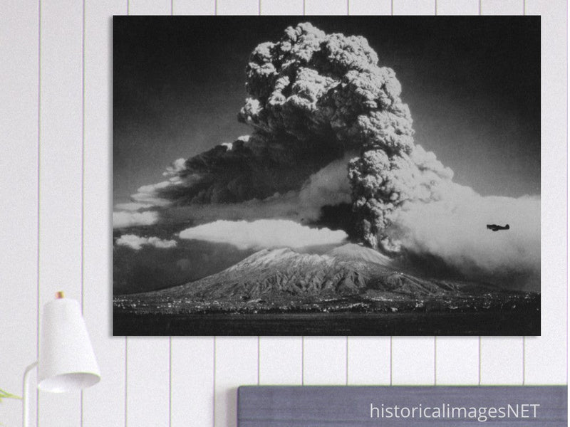 A Curtiss P-40 airplane in front of Mount Vesuvius' eruption in Italy 1944. War photography