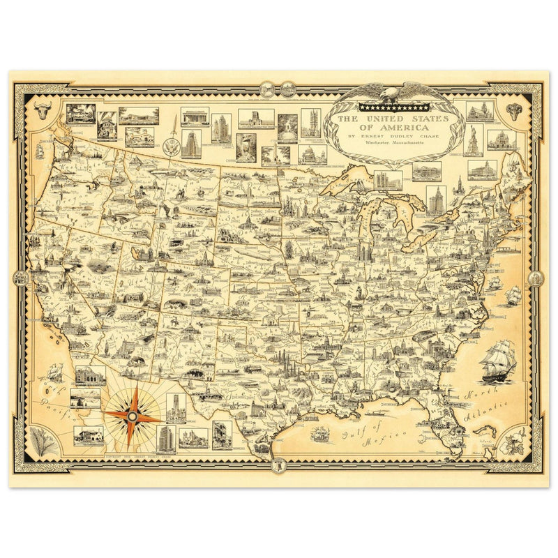United States of America vintage map by Ernest Dudley Chase celebrating landmarks and national symbols of identity.