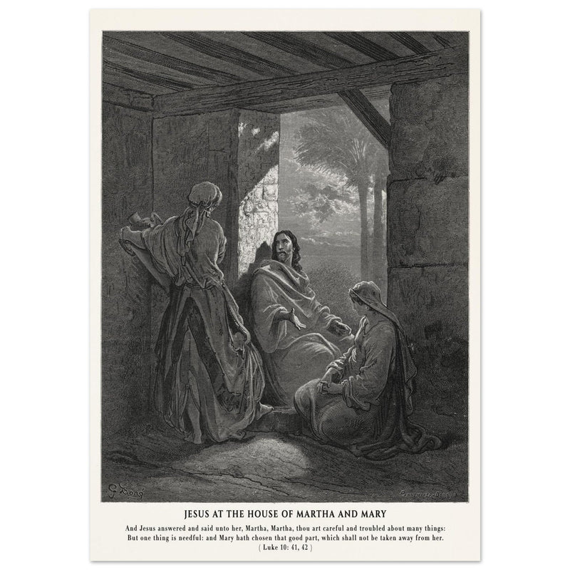 Gustave Dore The Bible engraving print . Jesus at the house of Martha and Mary .