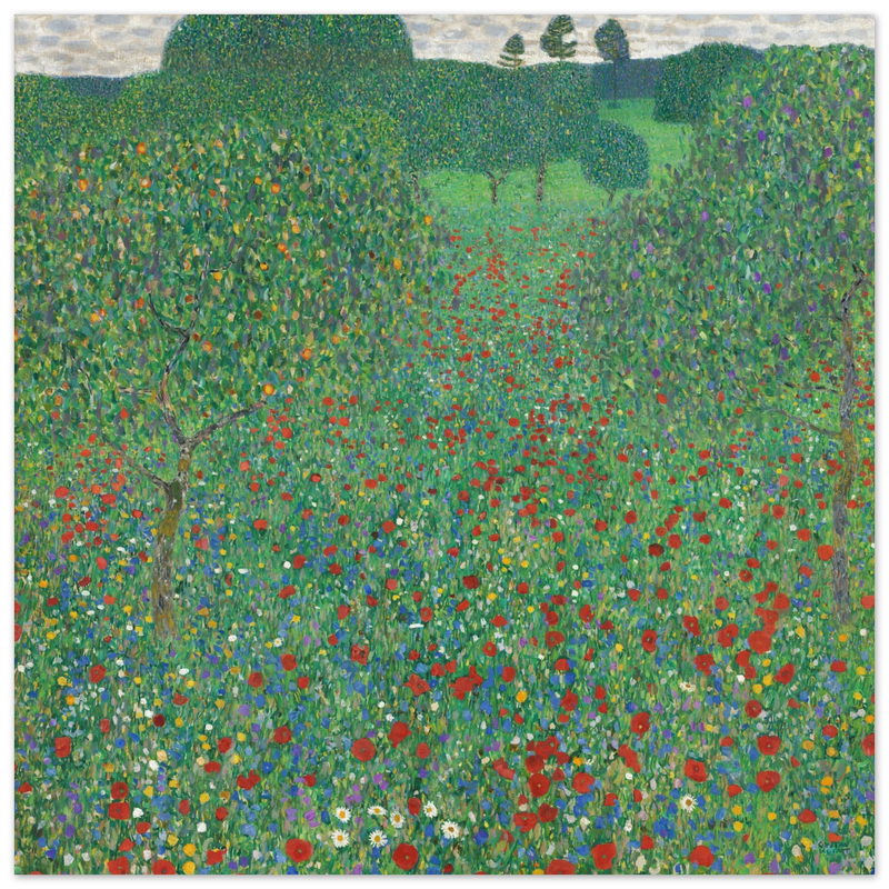 Gustav Klimt Flowering Poppies painting Green landscape .