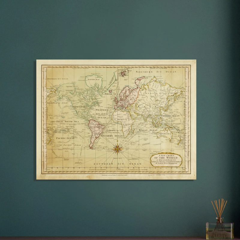 Ancient vintage world map Mercator's projection by Samuel Dumm 1794
