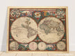 1660 Ancient old world map. Double hemisphere antique map reproduction.