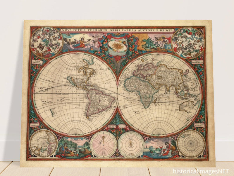 1660 Ancient old world map. Double hemisphere antique map reproduction.
