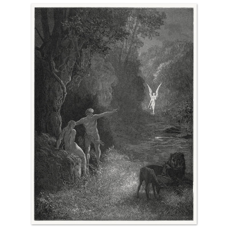 Gustave Dore Paradise Lost engraving . Adam and Eve and Archangel Raphael in eden.