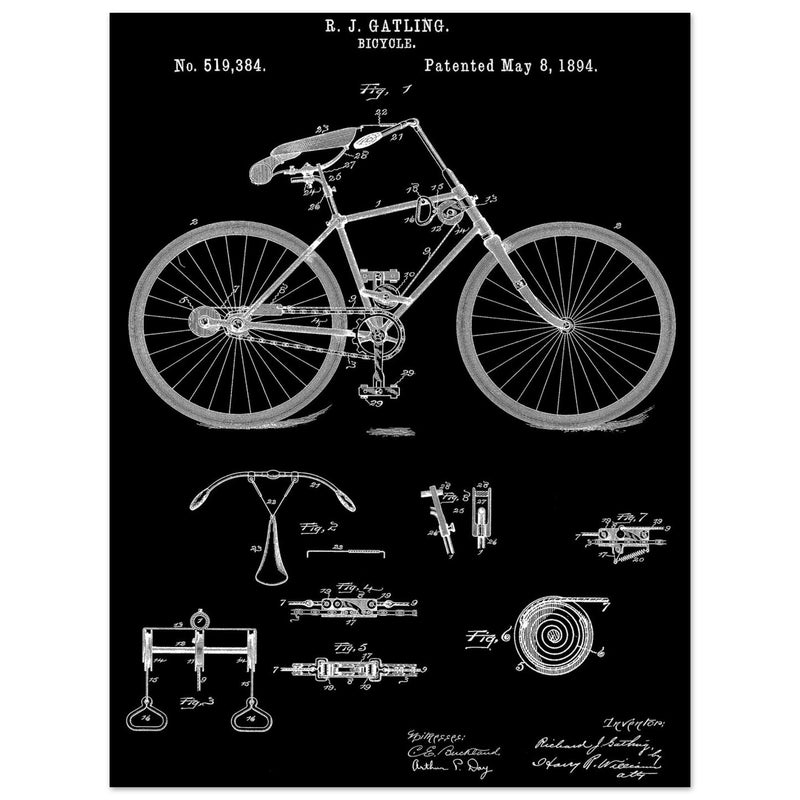 Vintage bicycle patent by Richard J Gatling 1894