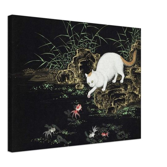 Cats amd fishes in pond. Oriental old painting by Shen Zhenlin.