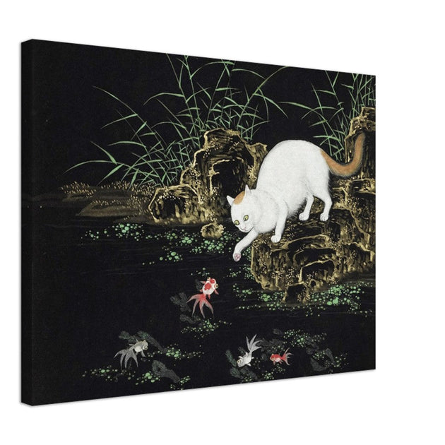 Cats amd fishes in pond. Oriental old painting by Shen Zhenlin.