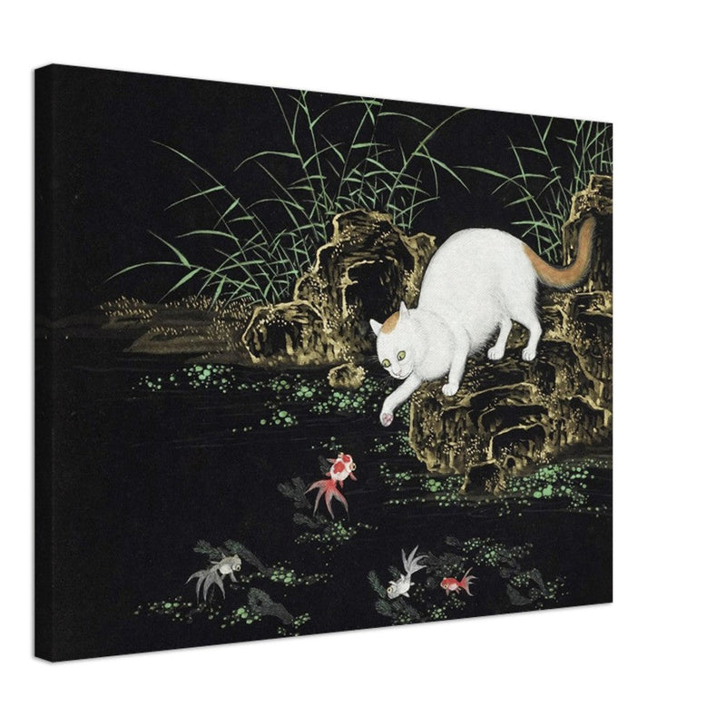 Cats amd fishes in pond. Oriental old painting by Shen Zhenlin.