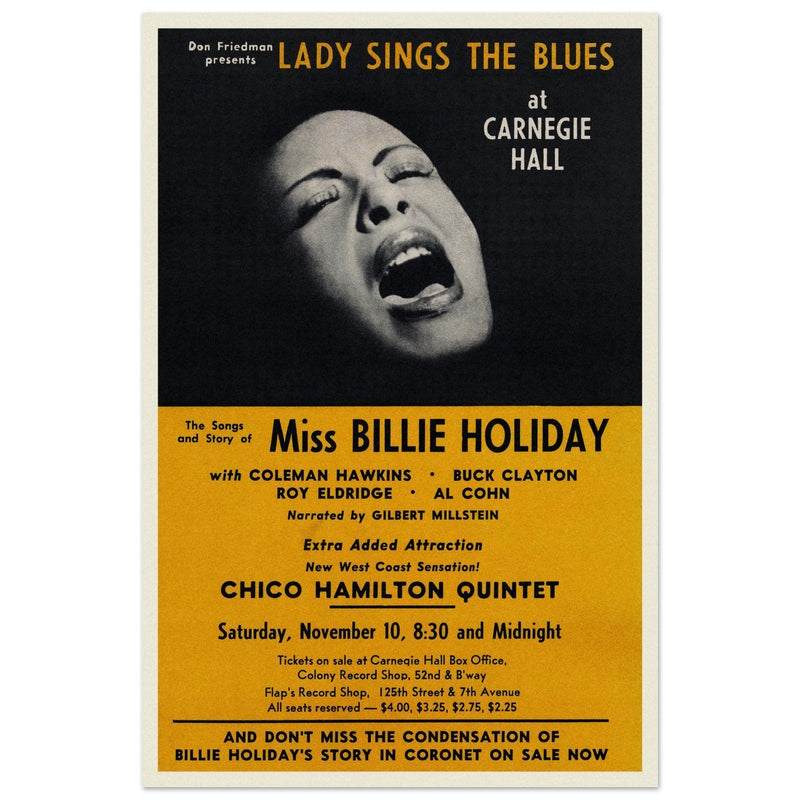 Billie Holiday music poster of her concert at Carnegie Hall in 1956.