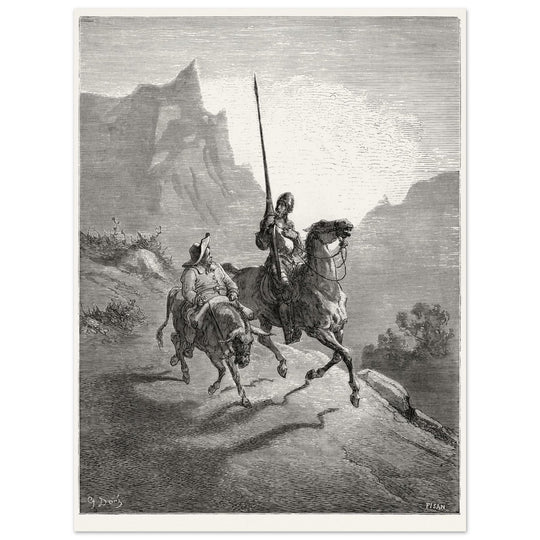 Don Quixote riding with Sancho Panza illustration by Gustave Dore.