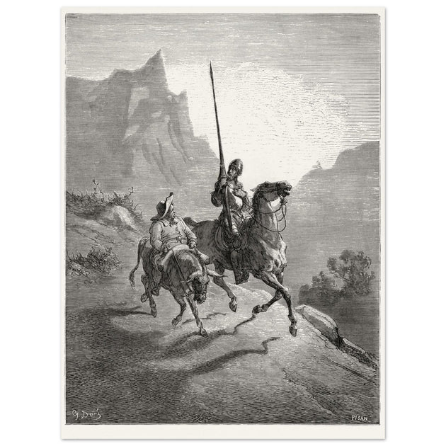 Don Quixote riding with Sancho Panza illustration by Gustave Dore.
