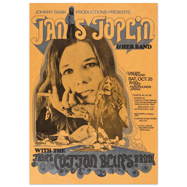 Janis Joplin music vintage concert poster . Performance in Oklahoma City 1969 with James Cotton Blues band