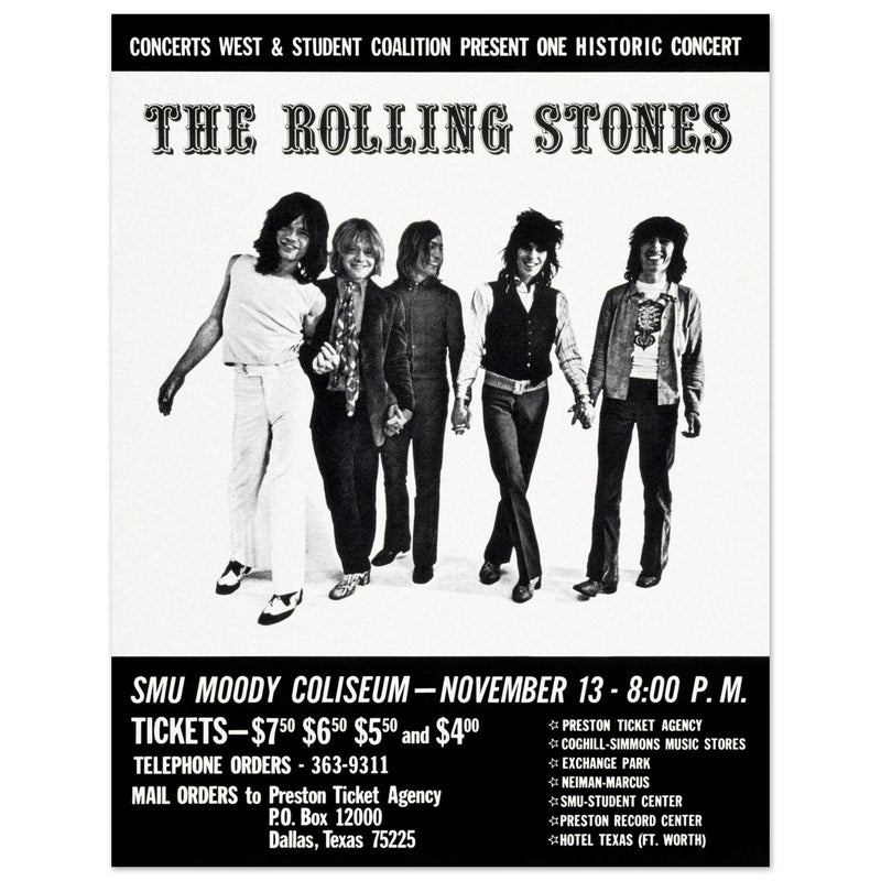 The Rolling Stones music poster of their performance at Dallas Texas in 1969.
