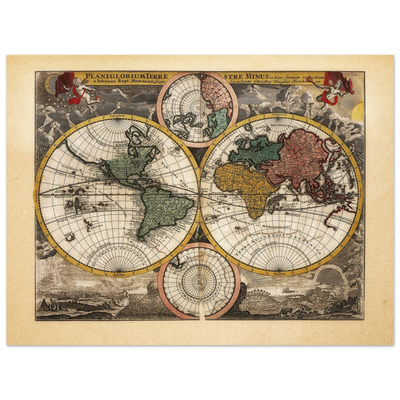 Ancient world map Planiglobium Terrestre Minus in hanc formam redactam by Johann Baptist Homann